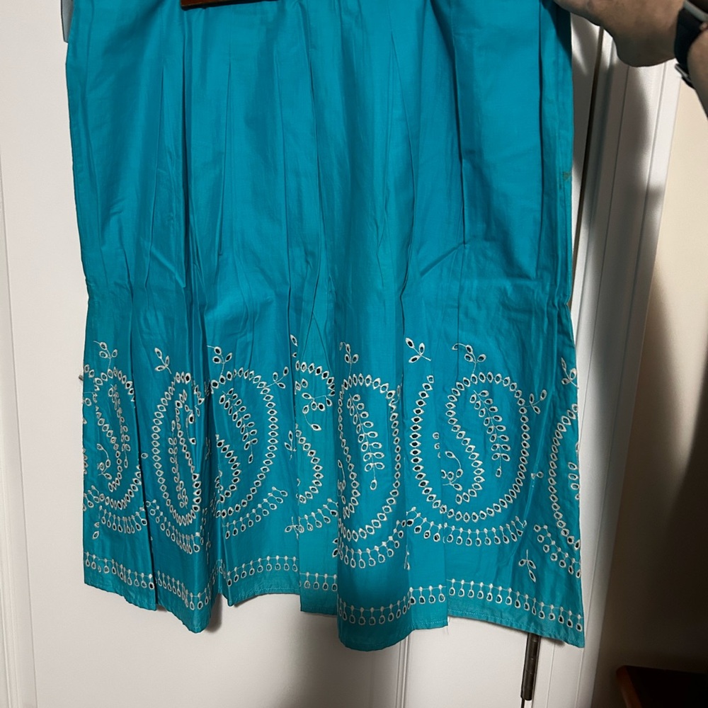 Talbots Teal A-Line Skirt with White Embroidery